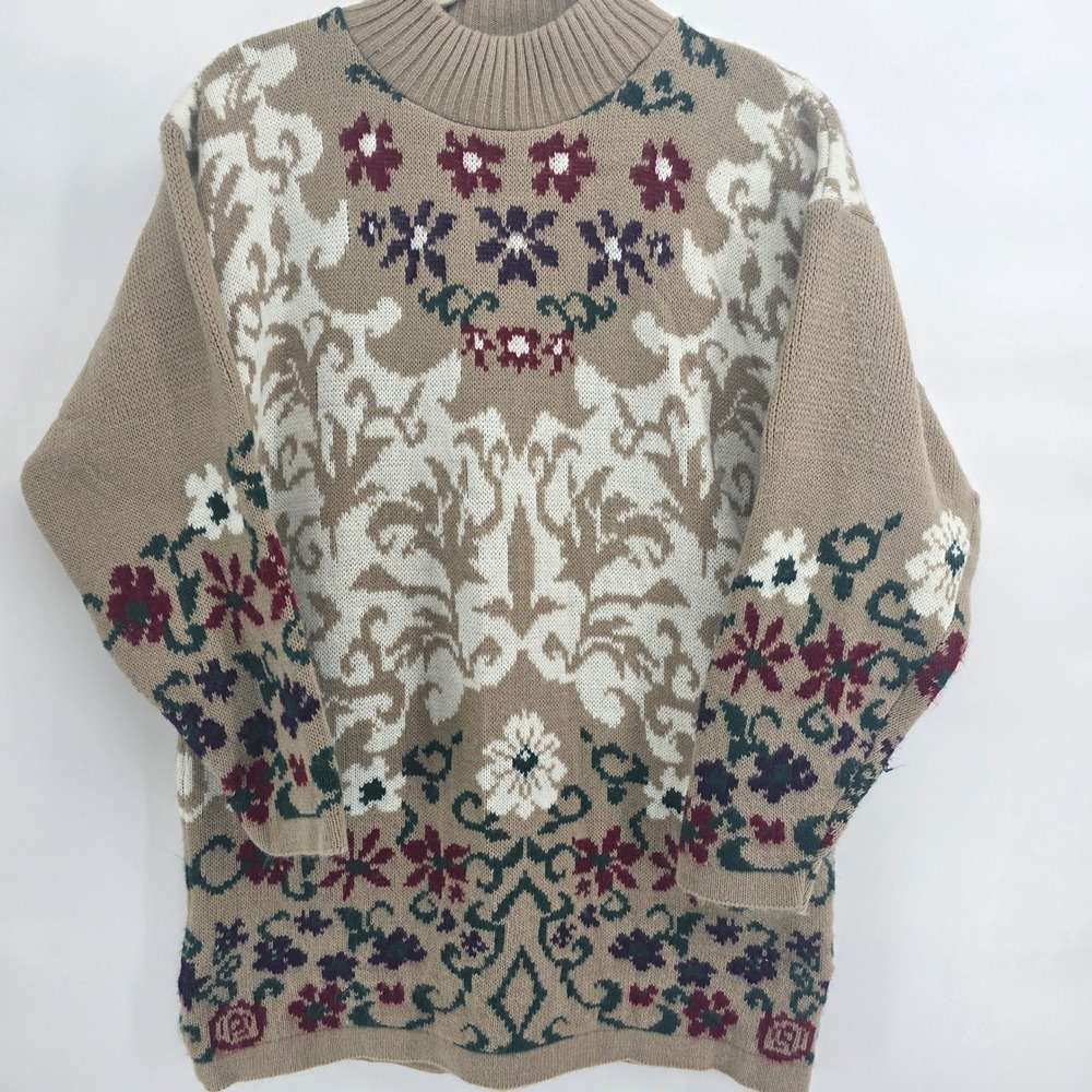 Dana Scott Fall Collection Medium Beige‎ Floral Fair Isle Knit Sweater Tunic vtg